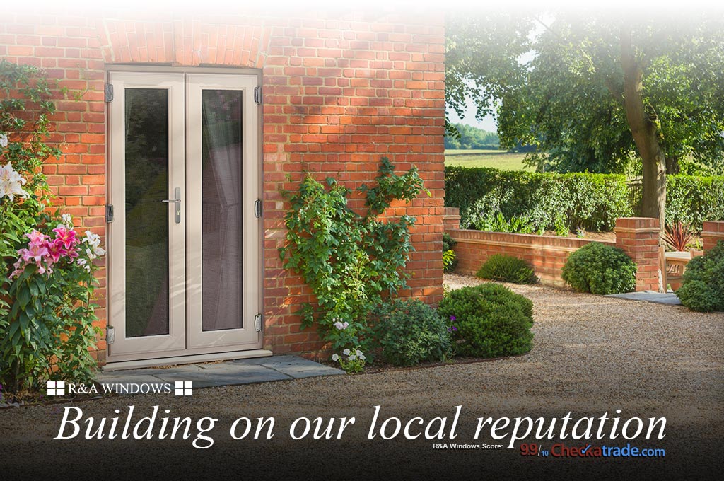 Double glazed French doors leading into garden with colourful flowers