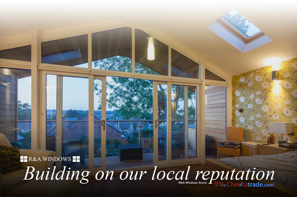 Double glazed sliding patio doors view from inside with at dusk